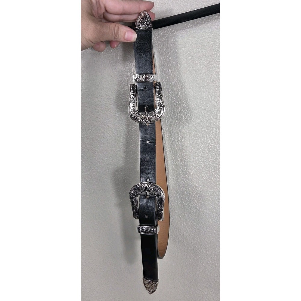 Western Double Buckle Belt Black Silver Engraved Boho Cowgirl Festival